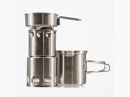 Outdoor Edelstahl Reise Kochset von R&C Outdoor - bestehend aus Kocher + Topf + Pfanne