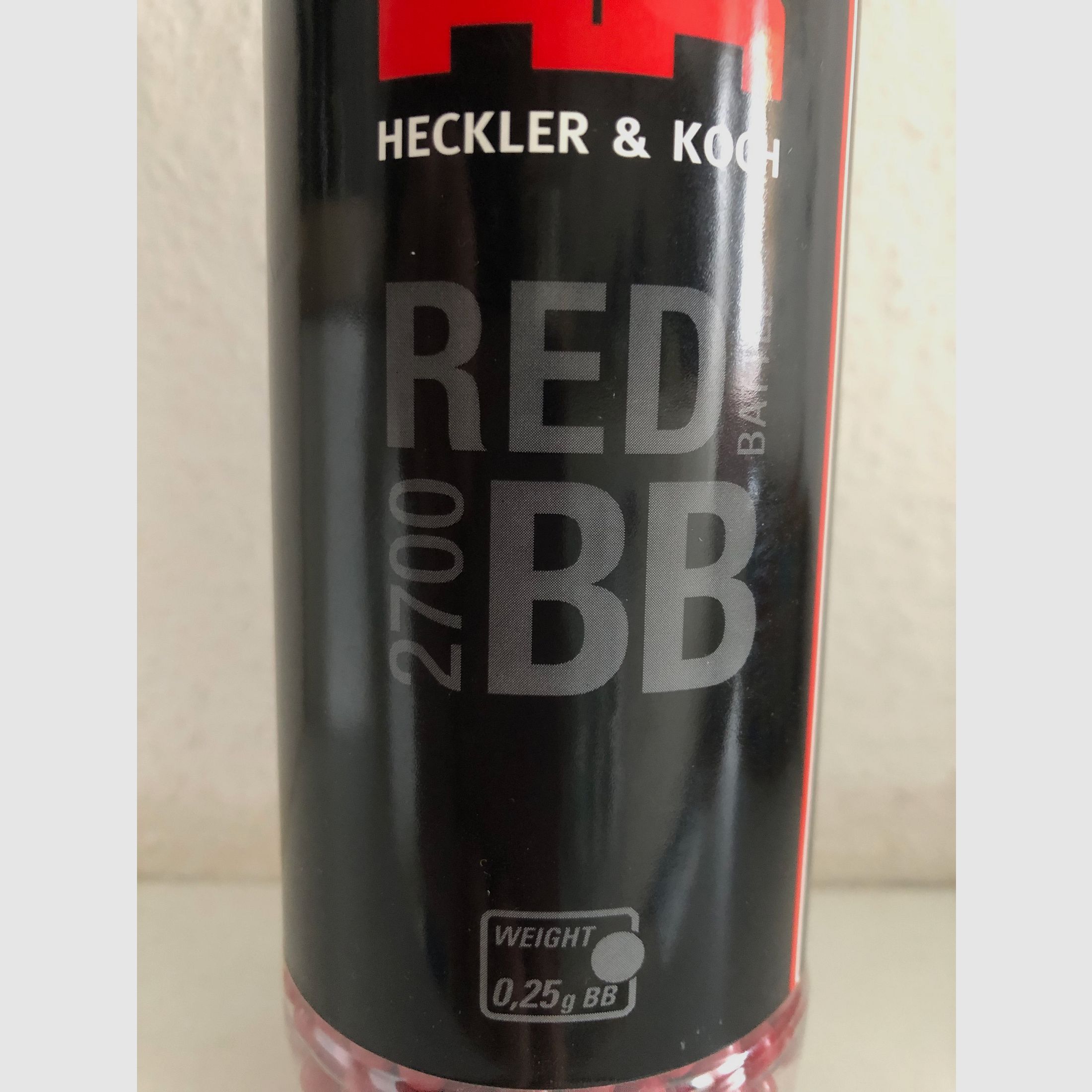 Heckler & Koch, Rote Battle BBs, Flasche, 0, 25 g, geöffnete fast volle Flasche (2700 Stück Inhalt), Softair