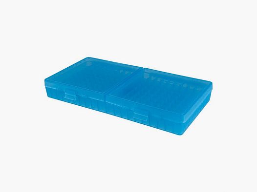 MTM scatola per cartucce P-200-45-24 blu trasparente con coperchio a ribalta per 200 cartucce .45 ACP e altre.