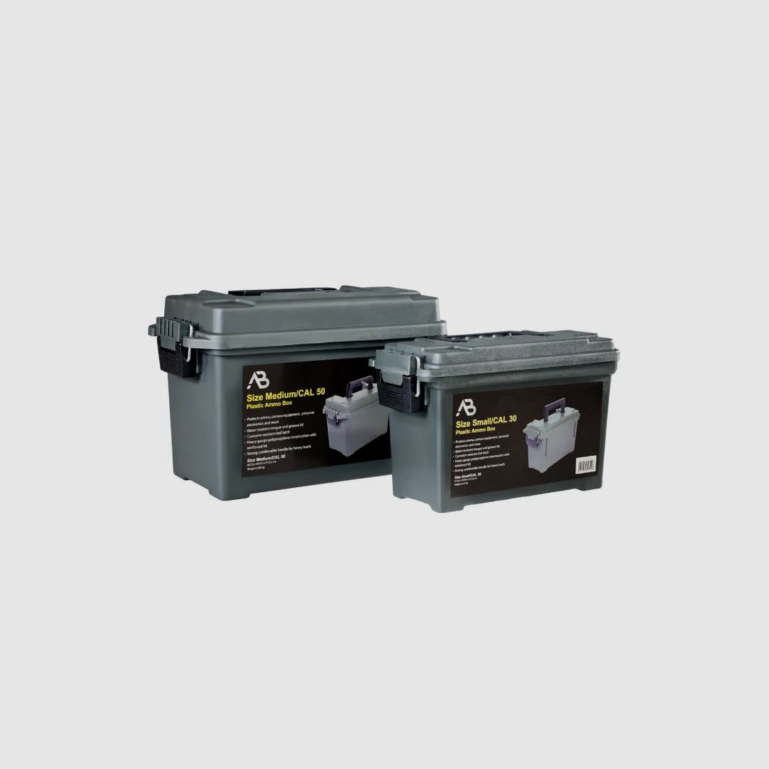 Set ammunition box size 1 (Cal.30) + size 2 (Cal.50), impact-resistant plastic, lockable, olive, without print