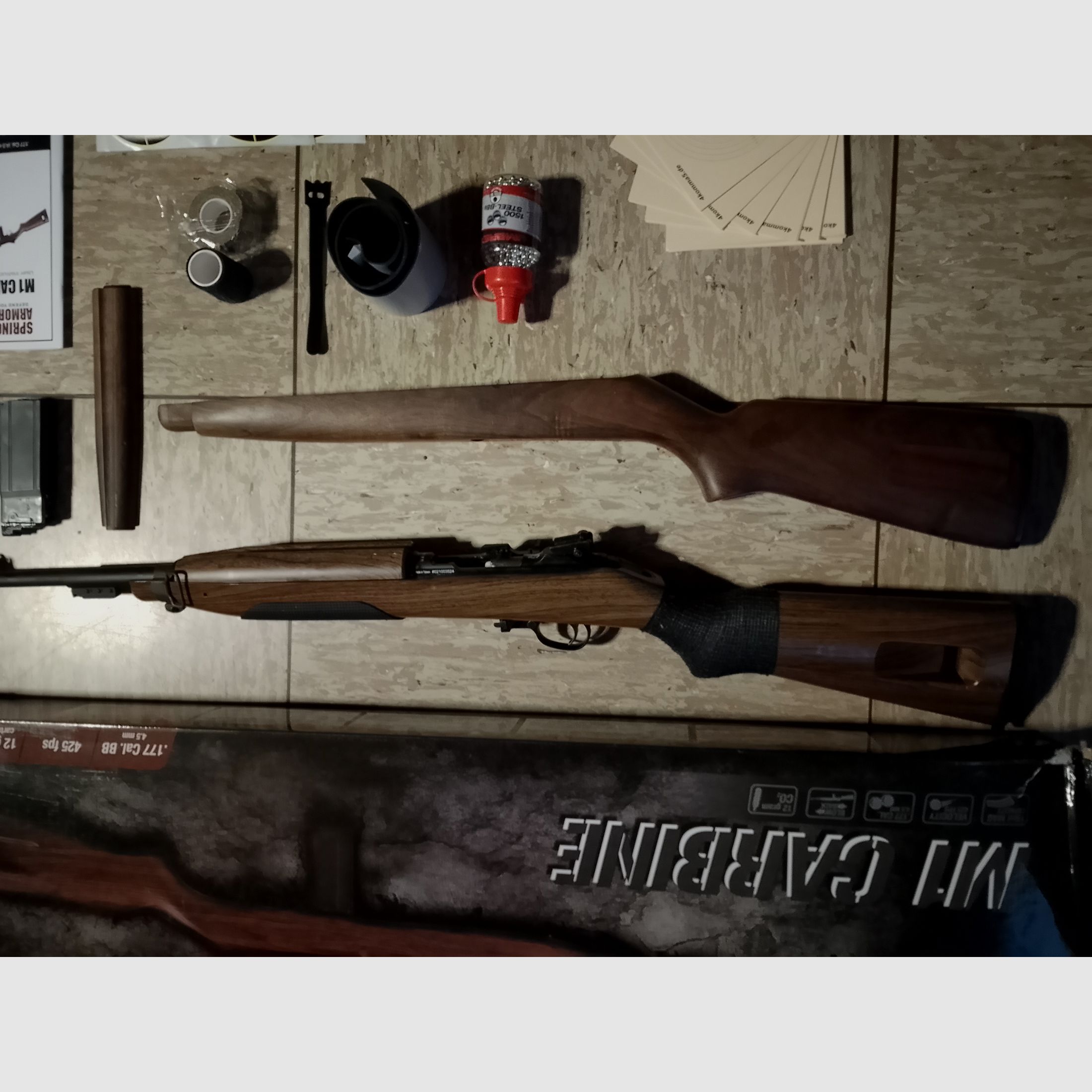  fucile ad aria compressa co2 m1 carbine Springfield 4,5mm .177 + accessori calcio in legno bersagli pallini in acciaio bb's set calcio in legno 30m1 