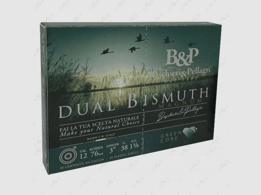 Box mit 10 Patronen Feuchtgebiete BASCHIERI & PELLAGRI DUAL BISMUTH 38 MAGNUM Kaliber 12/76