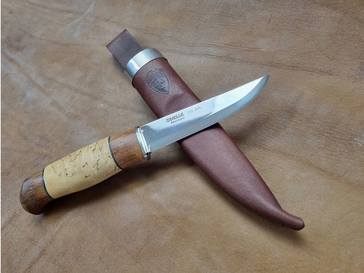 Cuchillo de exterior brillante modelo 75 Ars Jubileum de madera de abedul con funda de cuero