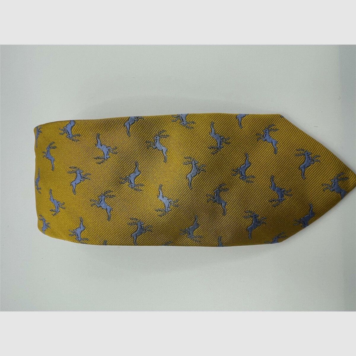 Robert Keyte Krawat 100% jedwab złoty kolor wzór jasnoniebieski jeleń