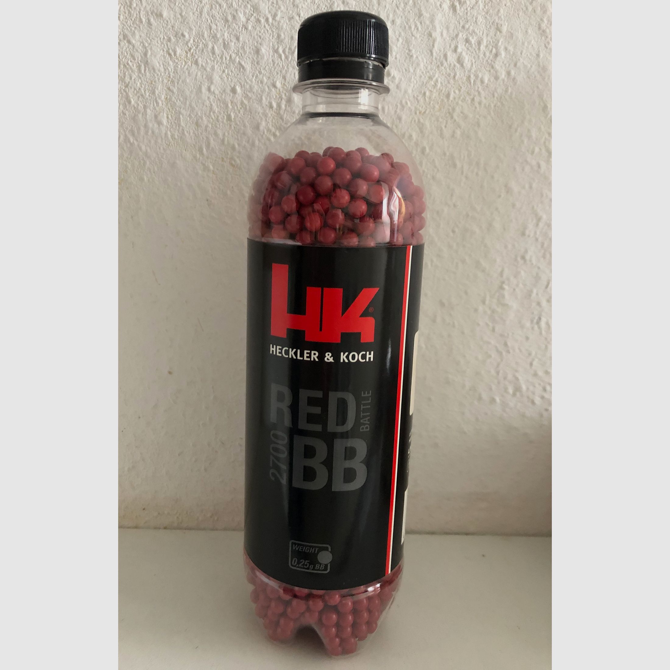 Heckler & Koch, Red Battle BBs, bottle, 0.25 g, opened almost full bottle (2700 pieces content), airsoft