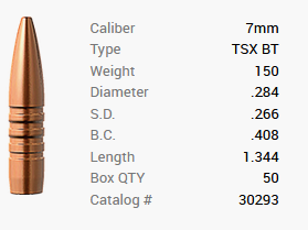 Barnes bullet 7mm/.284 150GR TSX BT 50 pieces