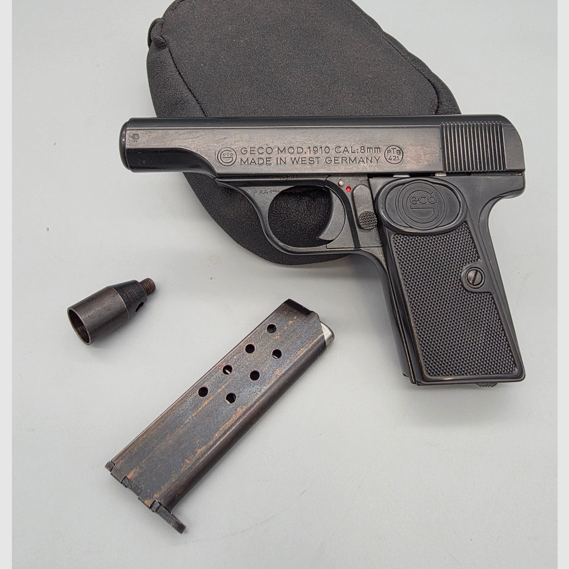 Muy raro coleccionista Geco Mod. 1910 cargador PTB 421 PAK 8mm detonación modelo Browning FN 1910