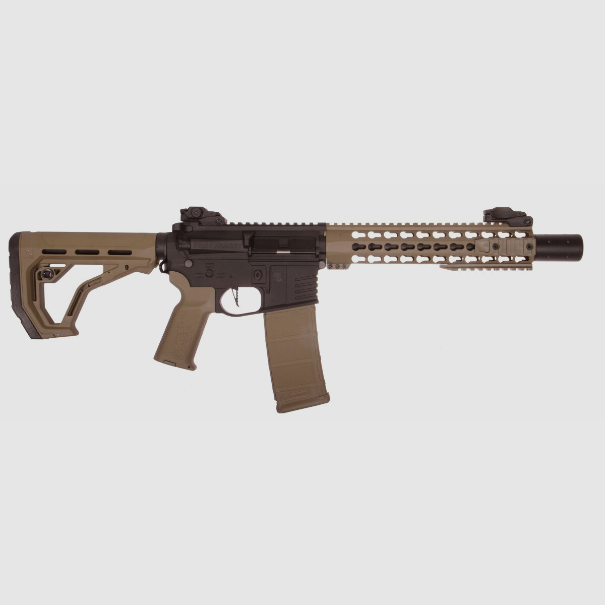 AR15 KeyMod 10 pulgadas PREDATOR CHARLIE EAGLE ETU Tan/Negro S-AEG Rifle Airsoft Libre a partir de 18 años | Delta Armory