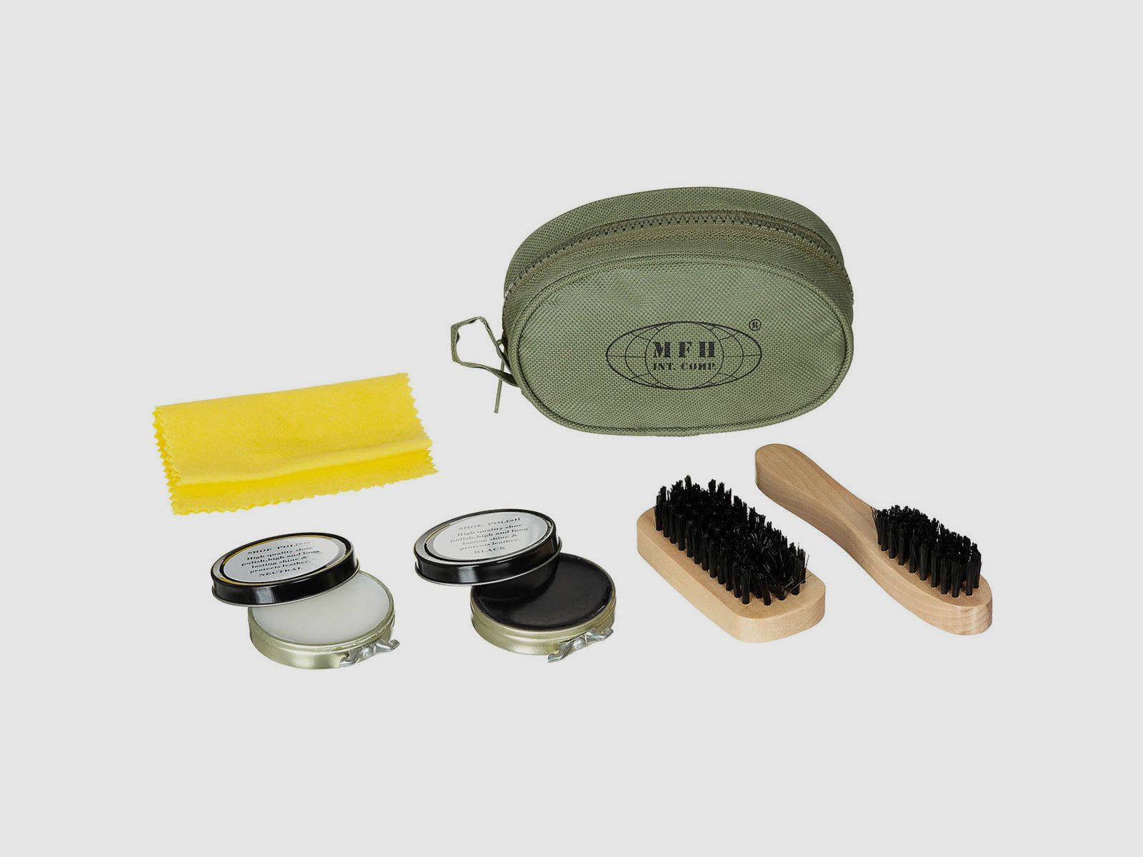 Shoe cleaning kit, olive, 2 brushes, 2 shoe cream cans