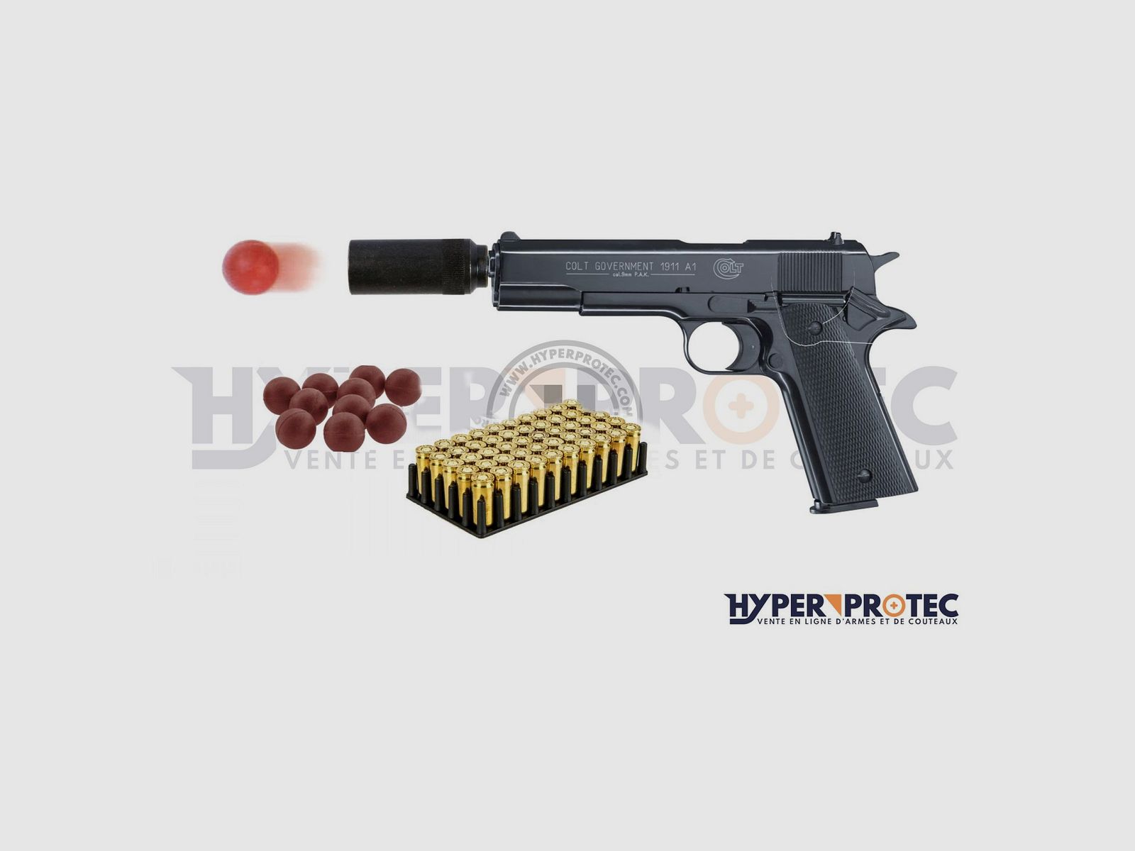 Pack Colt 1911 A1 + Platzpatronen + Gummigeschosswerfer