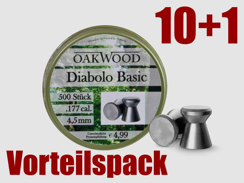 Vorteilspack 10+1 Flachkopf Diabolos Oakwood Basic Kaliber 4,5 mm 0,48 g glatt 11 x 500 StĂĽck
