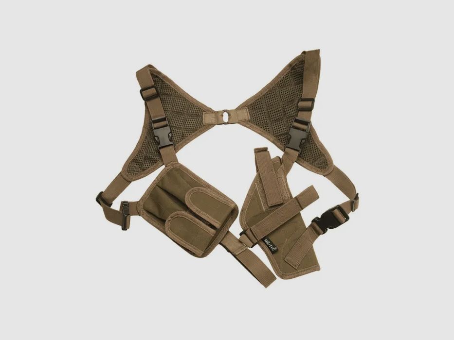 Schouderholster, kleur: Coyote (Beige), voor rechts- en linkshandigen + magazijntas, Cordura-stof