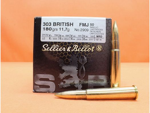 S&B Sellier & Bellot @Patrone .303Brit S&B/ Sellier&Bellot 180grs FMJ (2909/2) VE 50 Patronen/ 11,7g Vollmantel