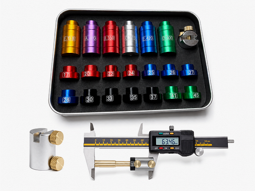Geschossvergleichslehre mit 20 Einsätzen Kaliber .17 - .45 für Messschieber Bullet Headspace Comparator Set Body Setztiefe für Wiederlader CBTO
