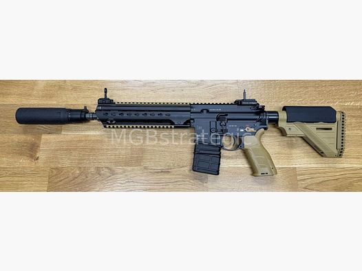 Heckler & Koch MR223 A3 Slim-Line 11" canon - carabine semi-automatique .223Rem modèle spécial MGBs noir/édition RAL incluant un silencieux B&T AG Print X RBS I Compact QDN 223 FDE - flow through - version civile HK416 / G95K / G38 G95A1 / G95KA1 / avec mises à niveau