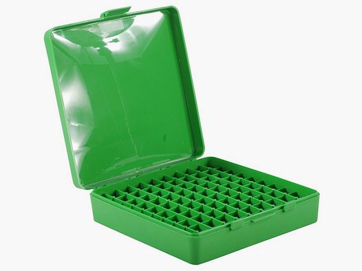 MTM scatola per cartucce P-100-45-10 verde con coperchio a ribalta per 100 cartucce .45 ACP e altre.