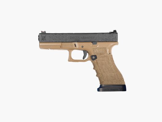 P03 GBB Airsoft Pistole mit Grip Stippling in Tan | Delta Armory