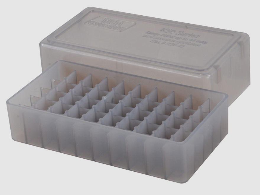 MTM scatola per cartucce E50-45-41 trasparente con coperchio per 50 cartucce .45 e inferiori.