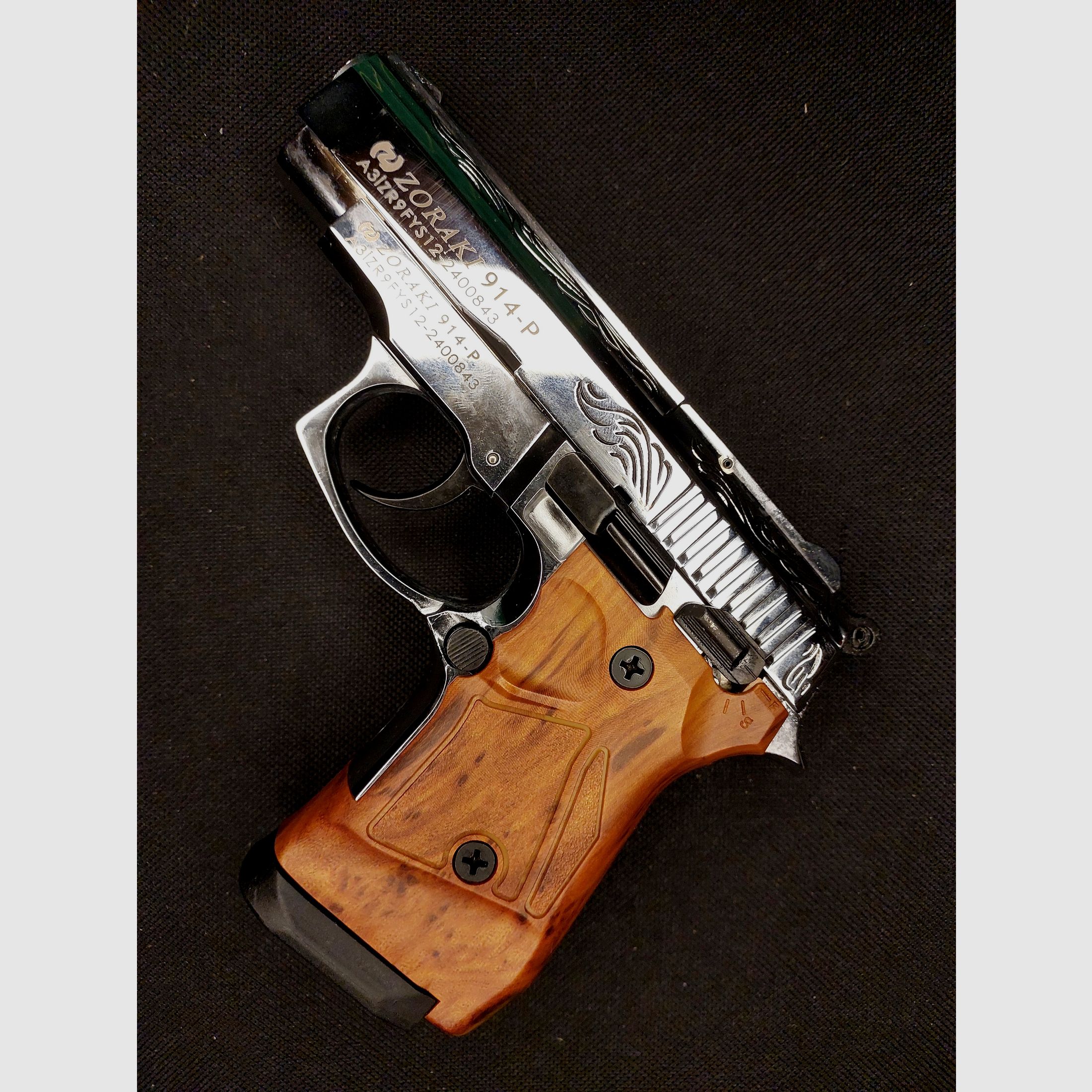Zoraki 914-P blank firing pistol 9mm P.A.K. chrome engraved wood look (PTB 1070) - 914 as good as new!