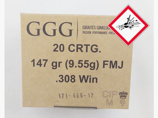 GGG cartucho .308 Win FMJ BT 147grs.