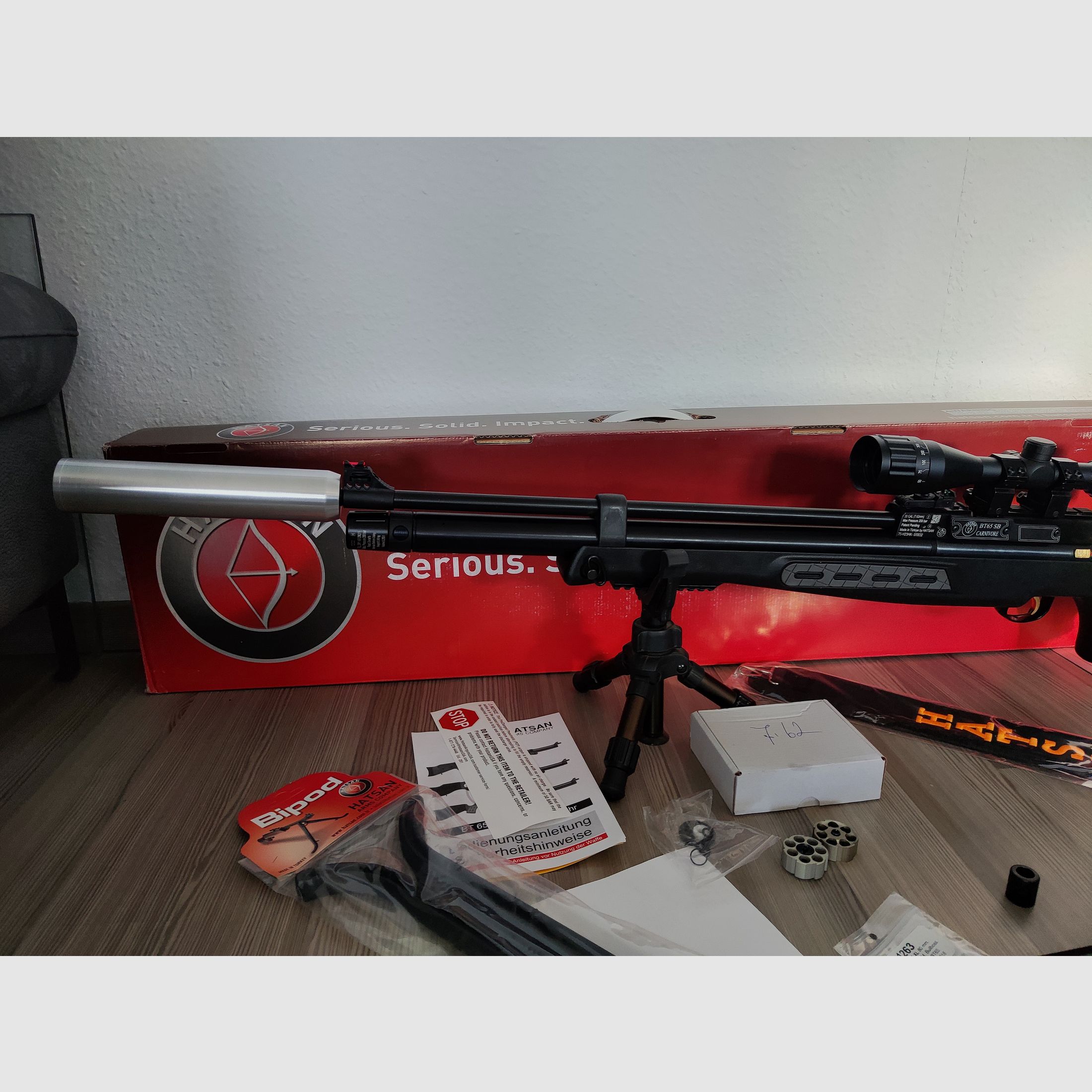 Hatsan BT65 Elite .30 (7.62mm) – Complete set including tuning cartridge (Huma-Air) & custom silencer up to 130 Joules*