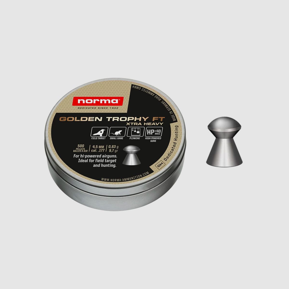 ŚRUTY DO WIATRÓWEK – NORMA – GOLDEN TROPHY FT XTRA HEAVY Kal. 4,5mm / .177 | 0,63g / 9,7gr | 500szt