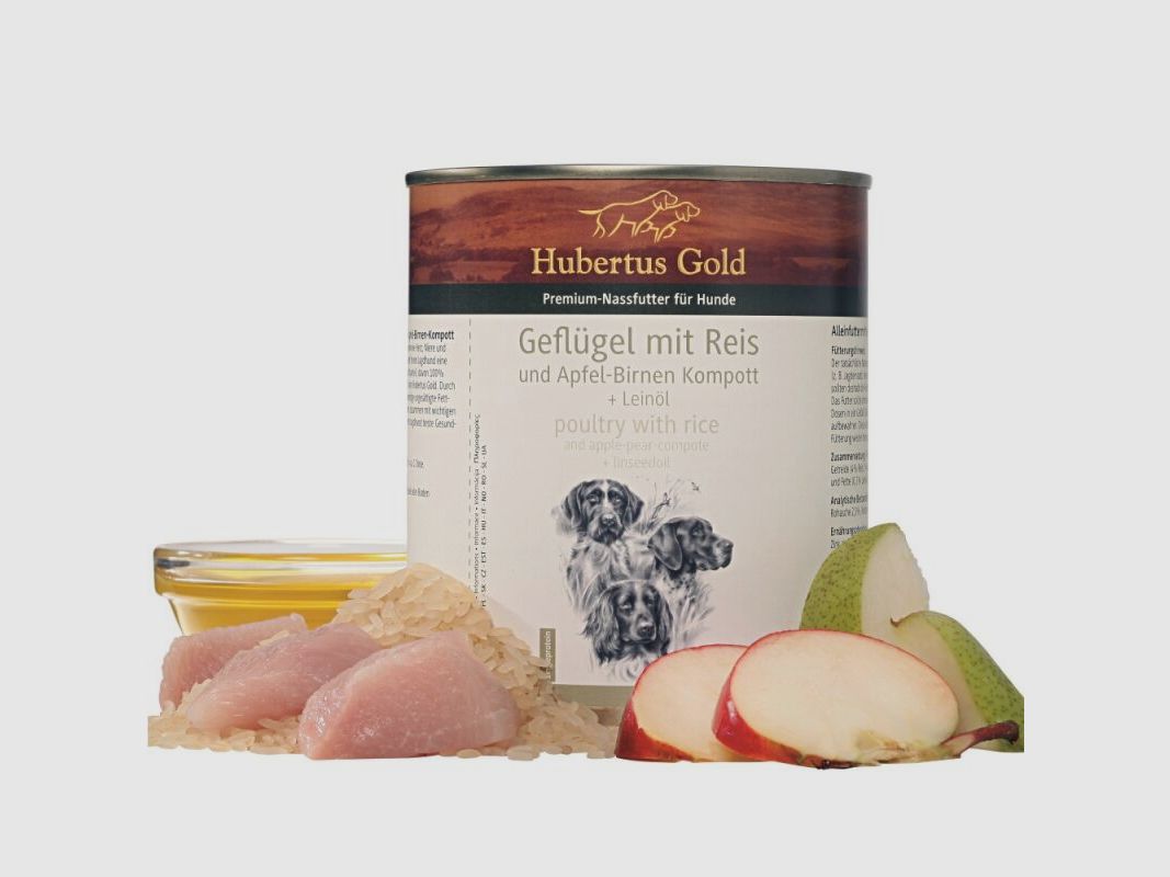 Hubertus Gold Premium-Nassfutter Geflügel mit Reis und Apfel-Birnen Kompott + Leinöl 800g