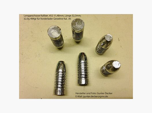 Langgeschosse Kaliber .452 11,48mm Länge 32,3mm 32,0g 494gr 7 Fettrillen für Vorderlader Gewehre .45