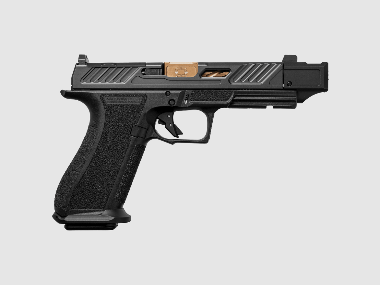 Pistolet Shadow Systems DR920P OR, 9mm Luger, canon flûté de 5" bronze, compensateur, 17+1