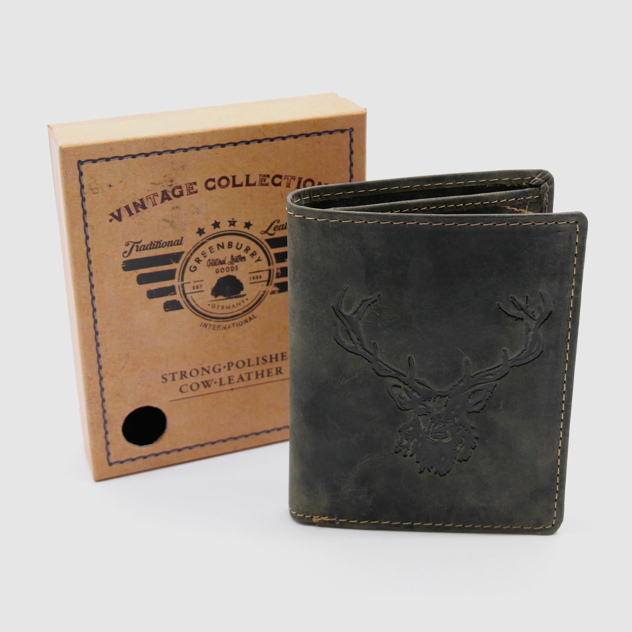 Greenburry Leder Geldbörse oliv Vintage Animal Collection Royal Stag Hirsch 1701-RS-30