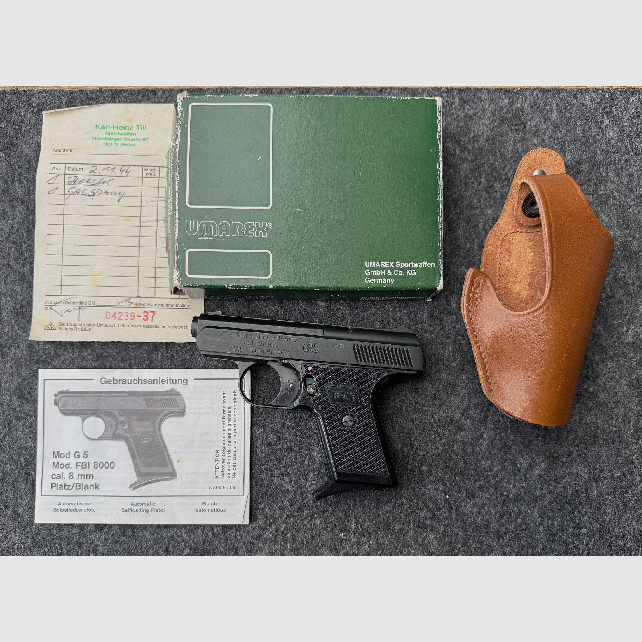 Reck Perfecta FBI 8000, PTB-Nummer 387/2 aus dem Jahr 1994 mit Original-Karton, Anleitung, Rechnung und Holster
