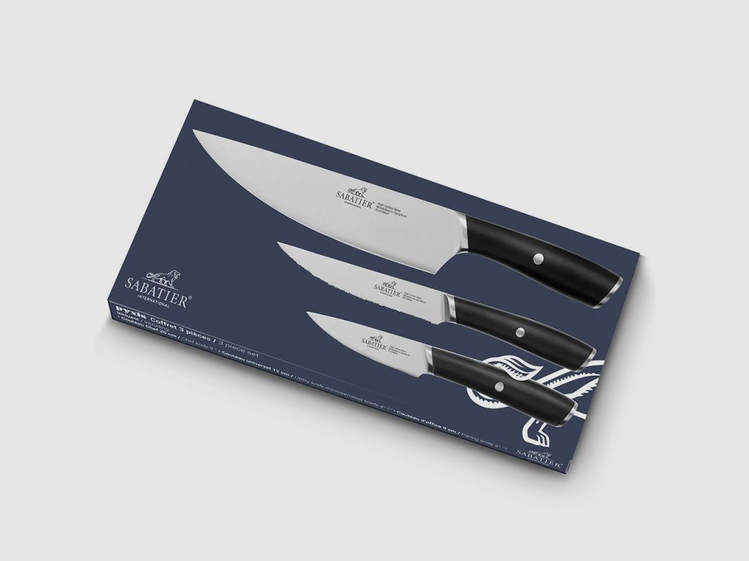 COFFRET 3 COUTEAUX SABATIER PYXIS CHEF 20CM + OFFICE 9CM + UNIVERSEL 18CM, image 1 sur 2