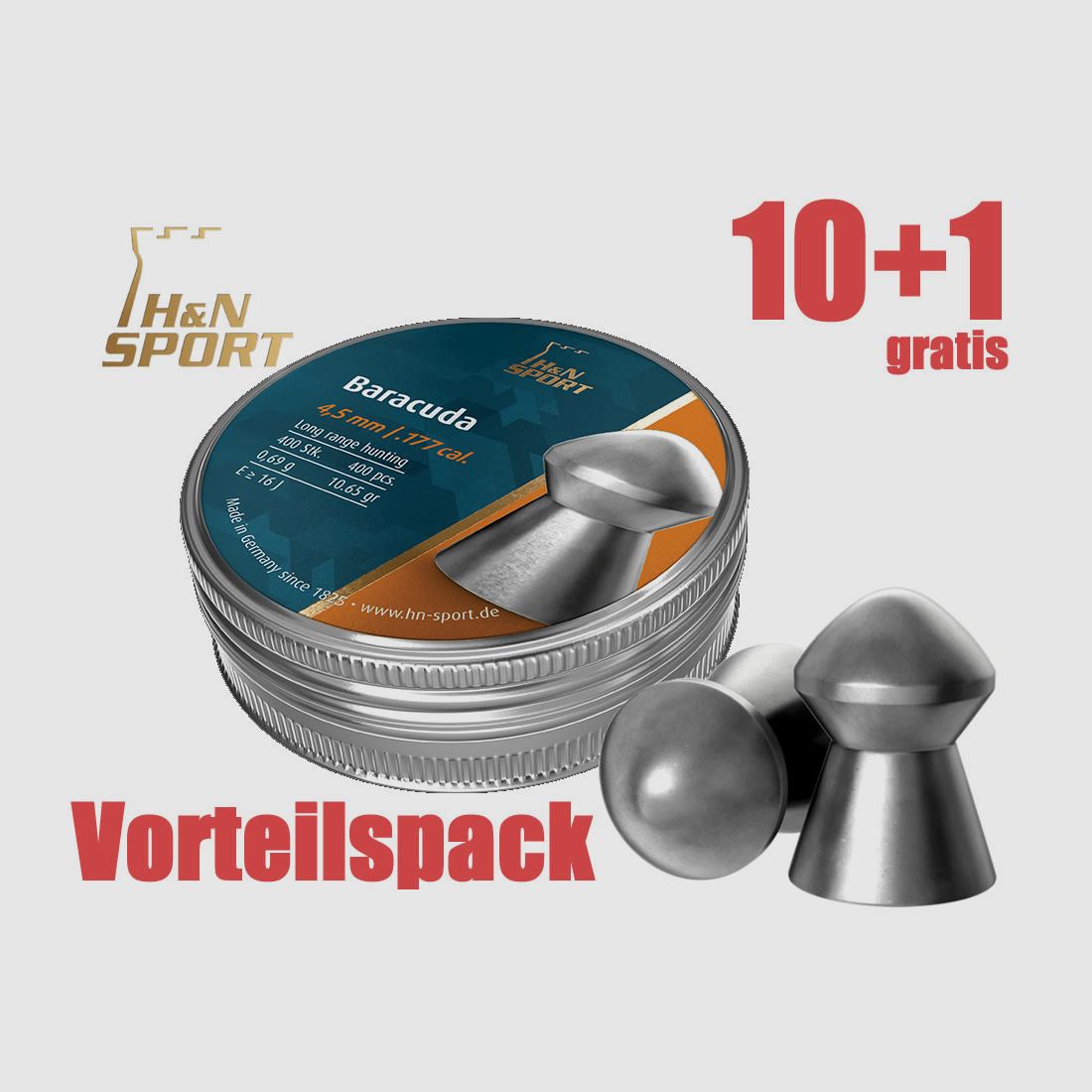 10+1 GRATIS x 400 StĂĽck Diabolo H N BARACUDA extra heavy, Rundkopf, glatt, 0,69 g, Kal. 4,50 mm