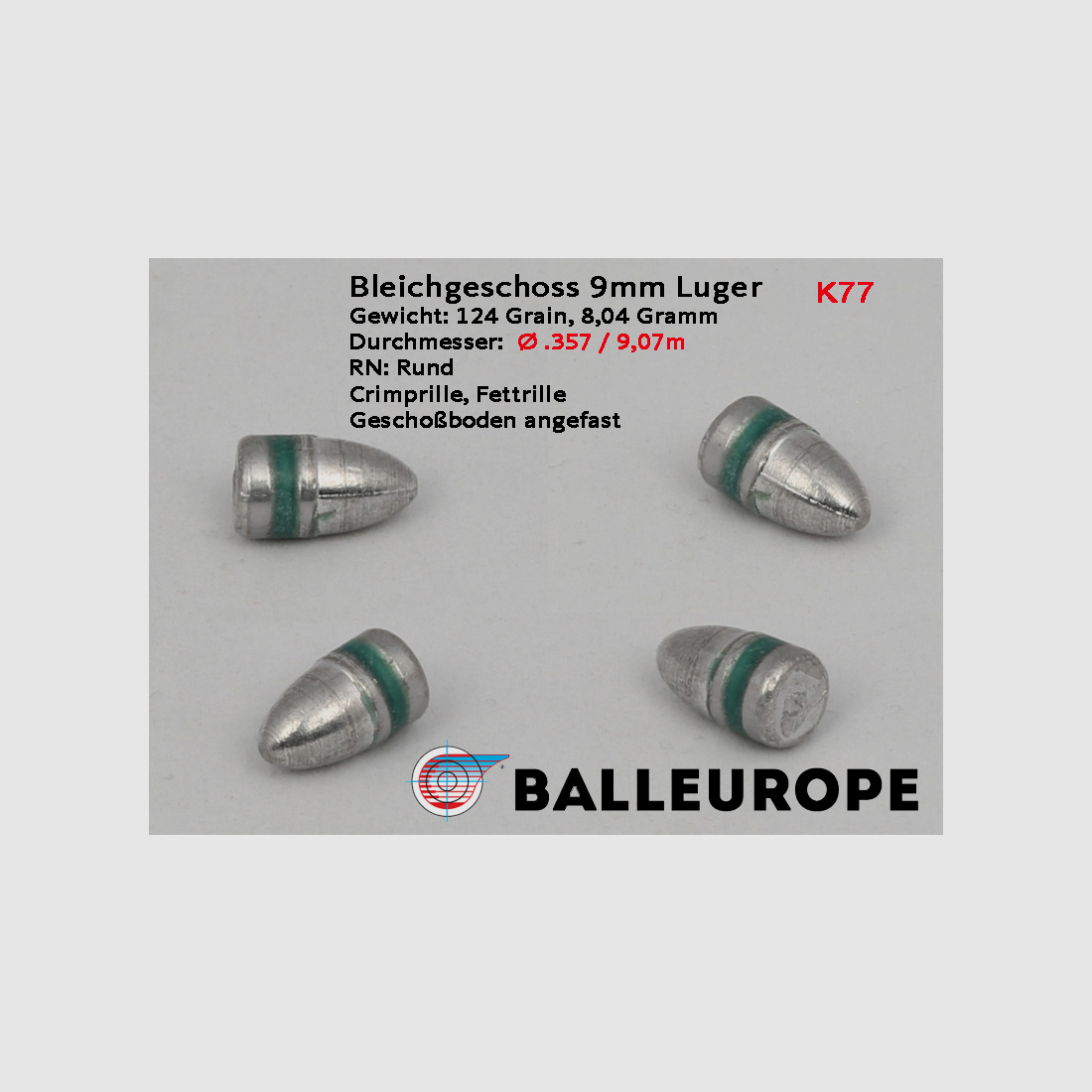 9mm: 500 Stück 9mm Luger Ø .357 / 9,07mm RN BB Bleigeschosse FCP 124 Grain Crimprille Balleurope K77