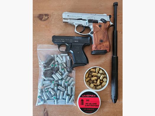 Blank firing pistols 2 pieces with 80 blank cartridges and telescopic stock, feel free to send price suggestions