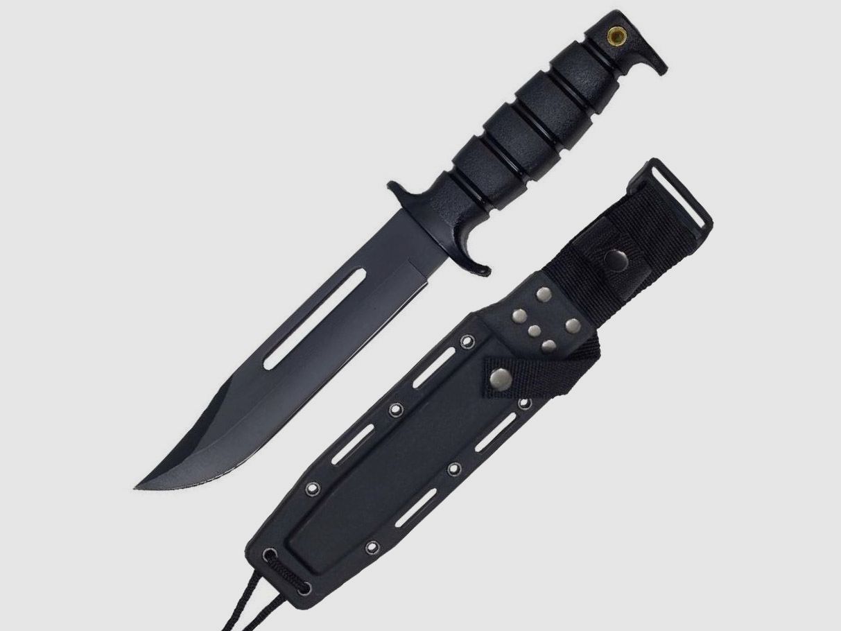 Outdoor knife with black blade and Kydex sheath