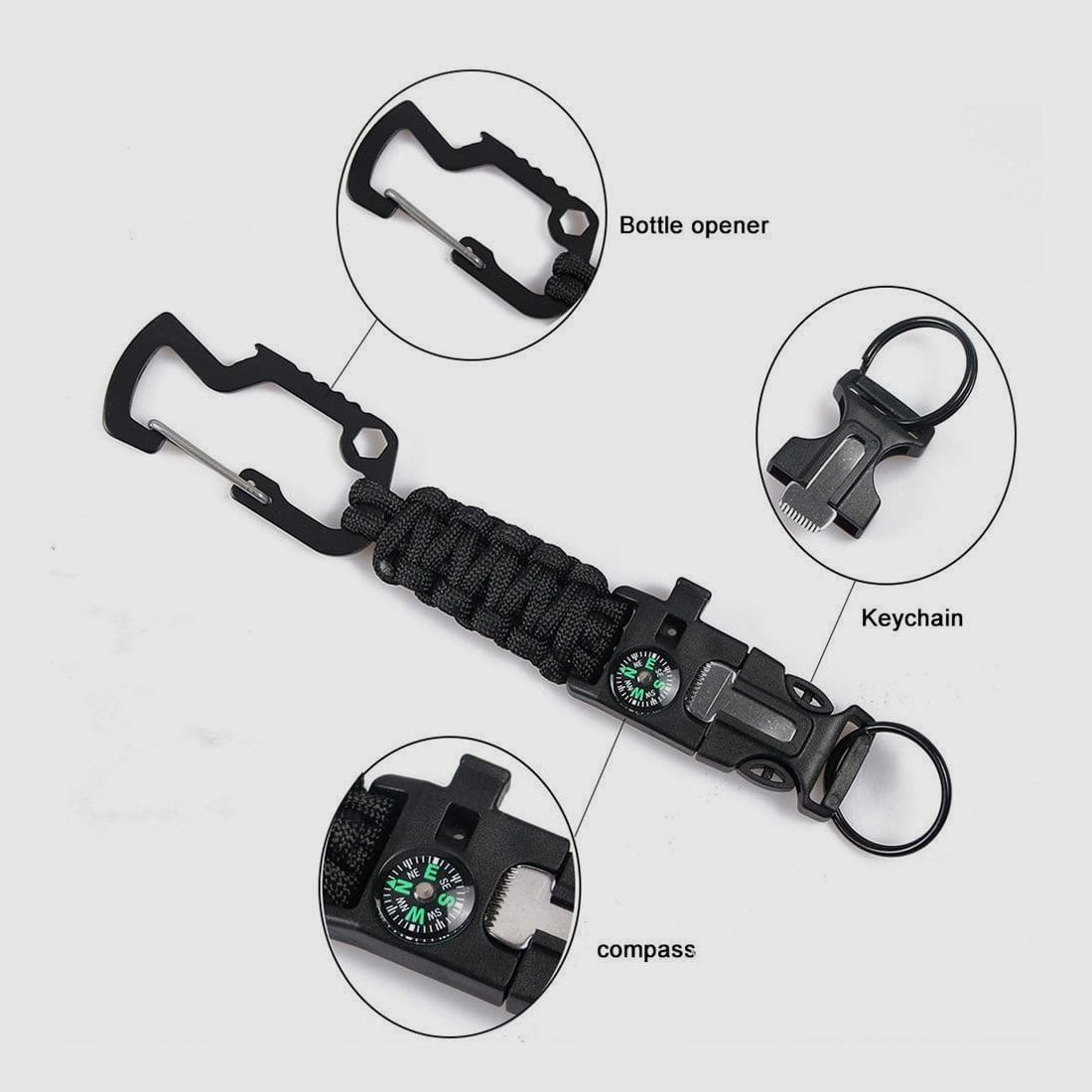 Multifunctional paracord with compass, fire starter, and signal whistle
