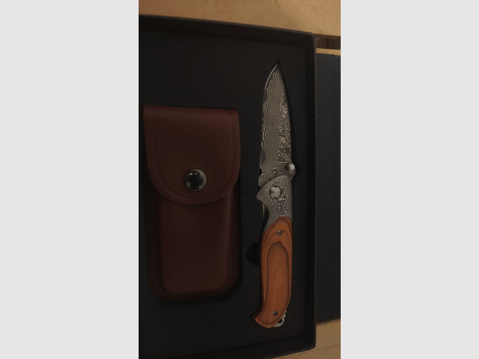 Damastmesser, klappbar, Holzgriff, Lederscheide, Bild 4 von 5