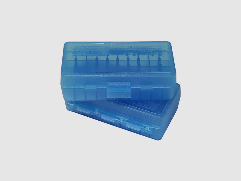 MTM scatola per cartucce P50-45-24 blu trasparente con coperchio a ribalta per 50 cartucce .45 ACP e altre.