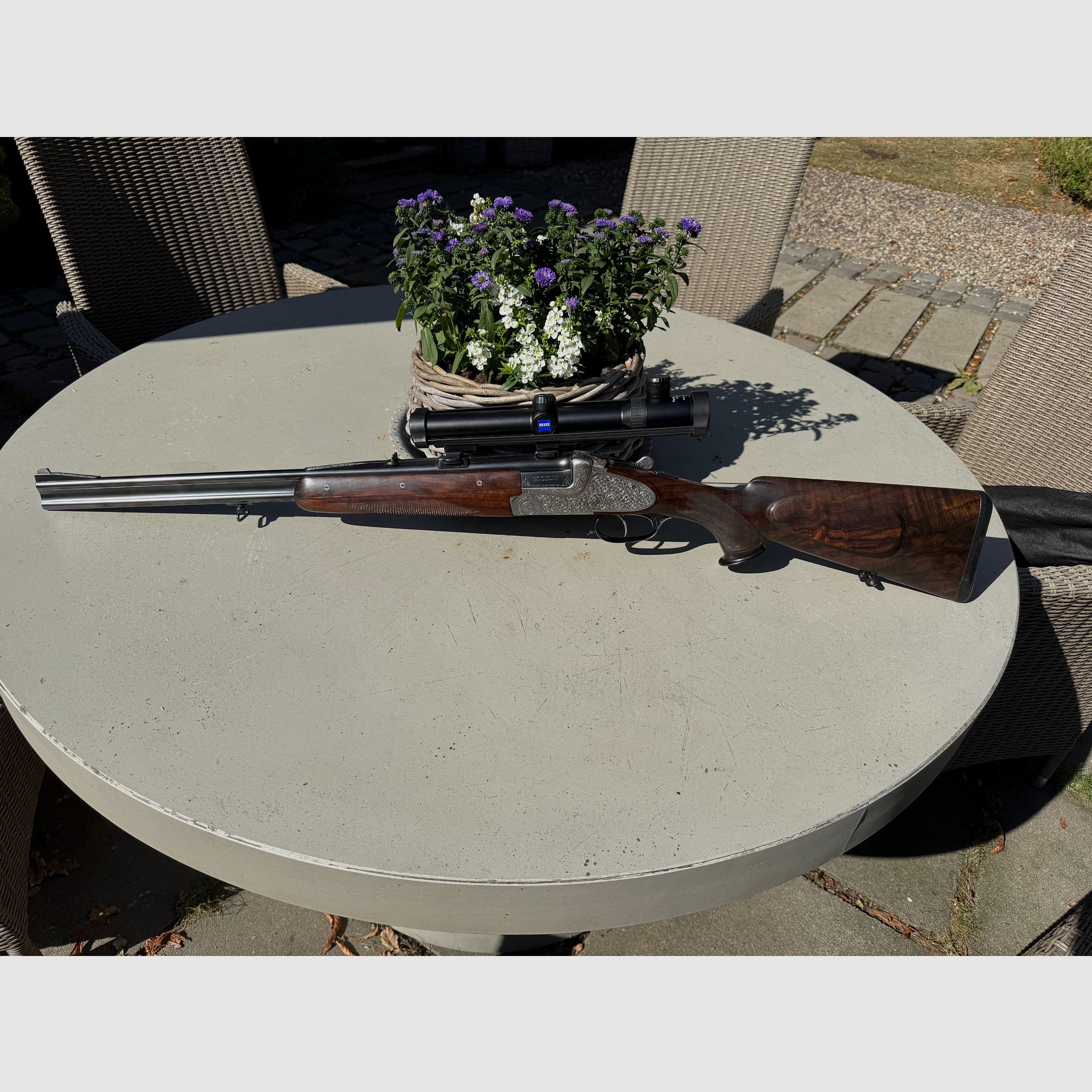 Merkel Meisterstück Seitenschloss Bockflinte, Bockbüchsflinte und Bockbüchse 203E Kaliber 12/70 .30R Blaser & 9,3x74R