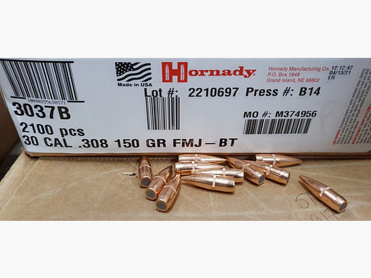 .30-.308/150grs FMJ-BT Hornady Geschosse 500 Stk. No. 3037