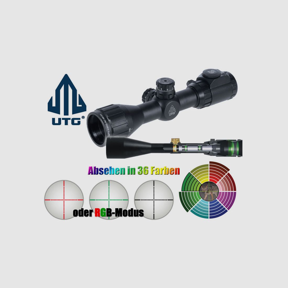 Zielfernrohr UTG BUG BUSTER 1 Zoll 3-9x32 AO, RGB+36 Farben Mil-Dot, Zero Lock, mit 11 mm und 22 mm Montage
