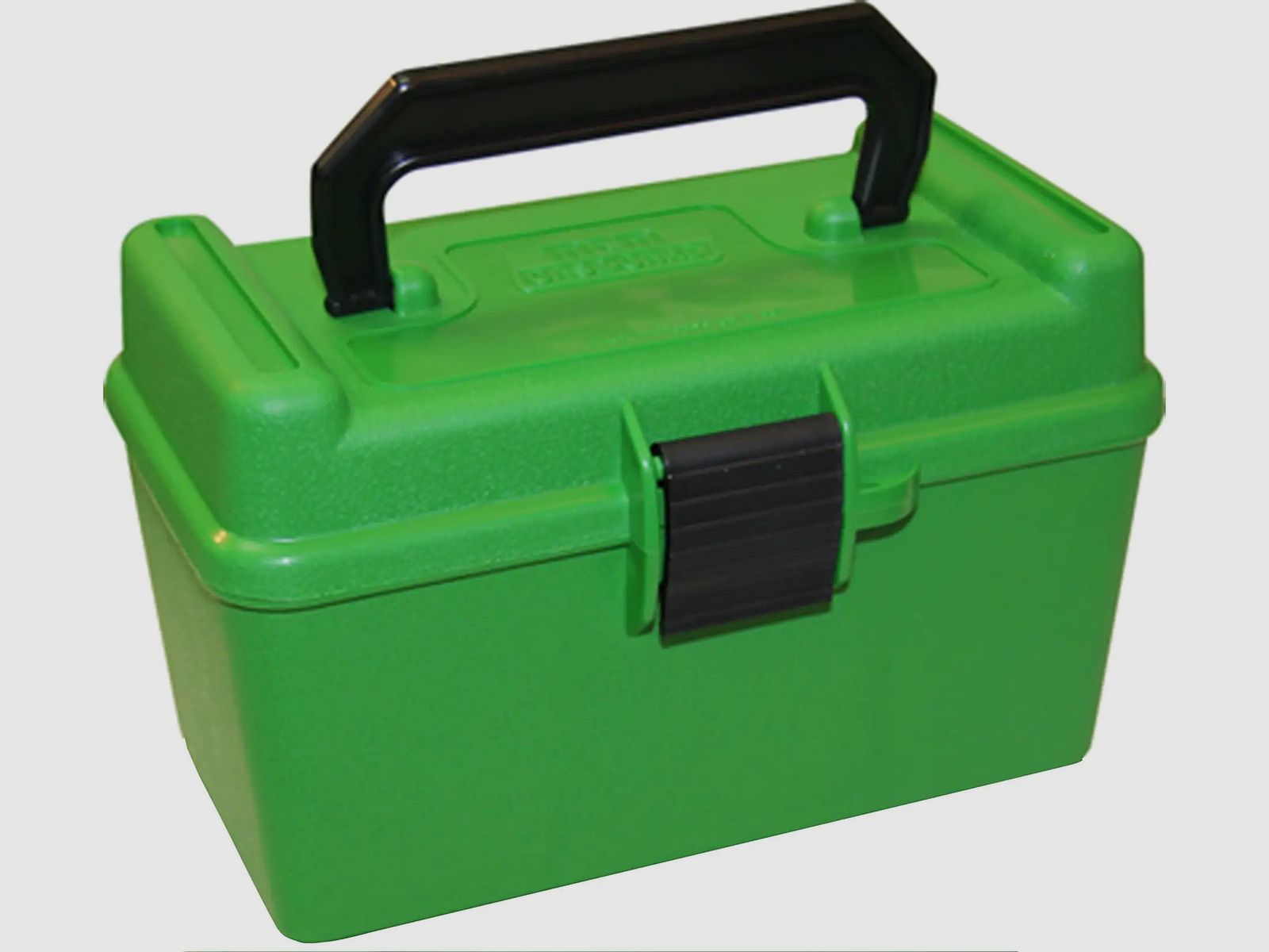 MTM Deluxe cartridge box H50-XL-10 green with flip lid and carrying handle for 50 cartridges 7mm and below.
