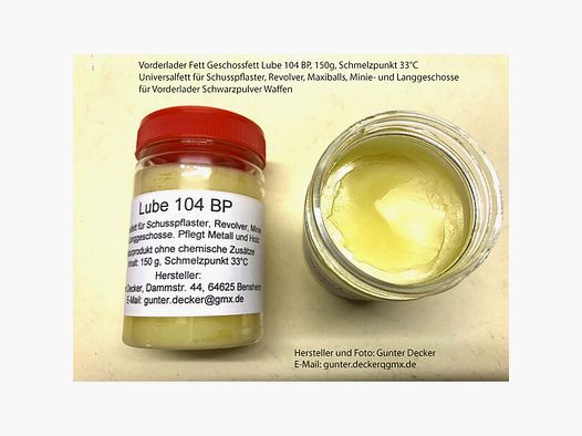 Vorderlader Fett Geschossfett Lube 104 BP 150g Schusspflaster Revolver Maxiballs Minie Langgeschosse
