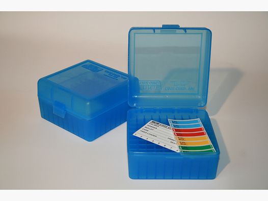 100er Patronenbox Munitionsbox von MTM mit Scharnier .17 .222 .223 Remimgton RS-100-24 BLAU / KLAR