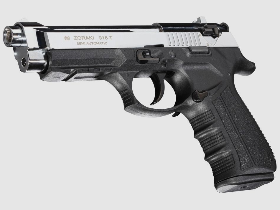 ZORAKI 918T Brillo Cromo 9mm P.A.K. pistola de fogueo al estilo de Pietro Beretta 92F / M9