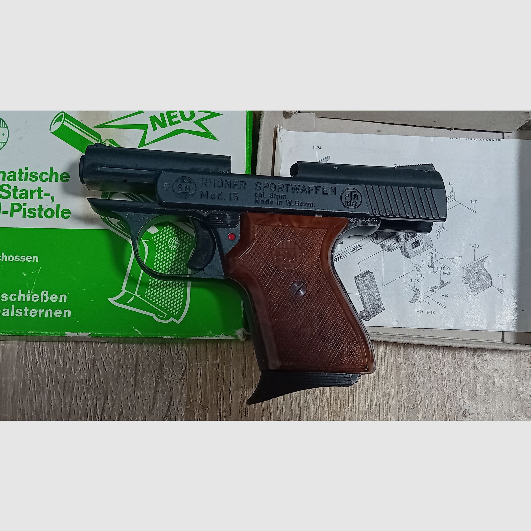 Alte Rhöner SM 15 Kal. 8 mm Knall im PTB 83/2 mit Verpackung!