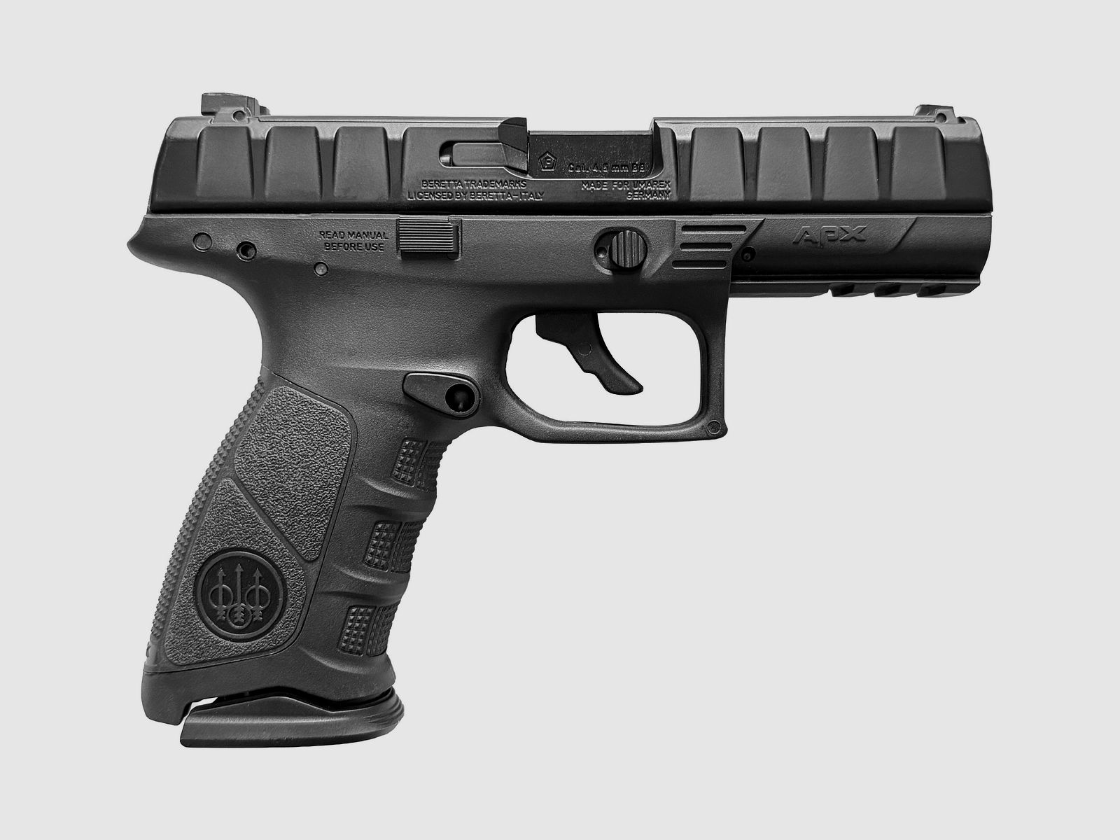 Pistolet à air comprimé Beretta APX CO2 cal. 4,5 mm BB noir avec glissière en métal - 3 chargeurs - 5 capsules de CO2 - Comme neuf