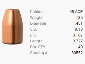 Balle Barnes .45 ACP/.451 185GR M/LE Tac-XP Pistol FB 40 pièces