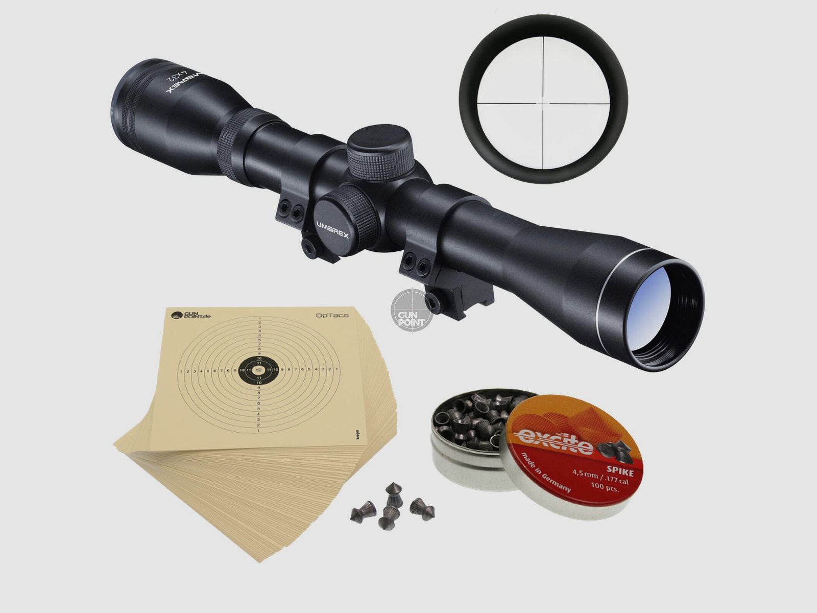 Umarex Zielfernrohr 4x32 Absehen 8 + 10 Zielscheiben + 100 H&N Diabolos Excite Spike fr Luftgewehr
